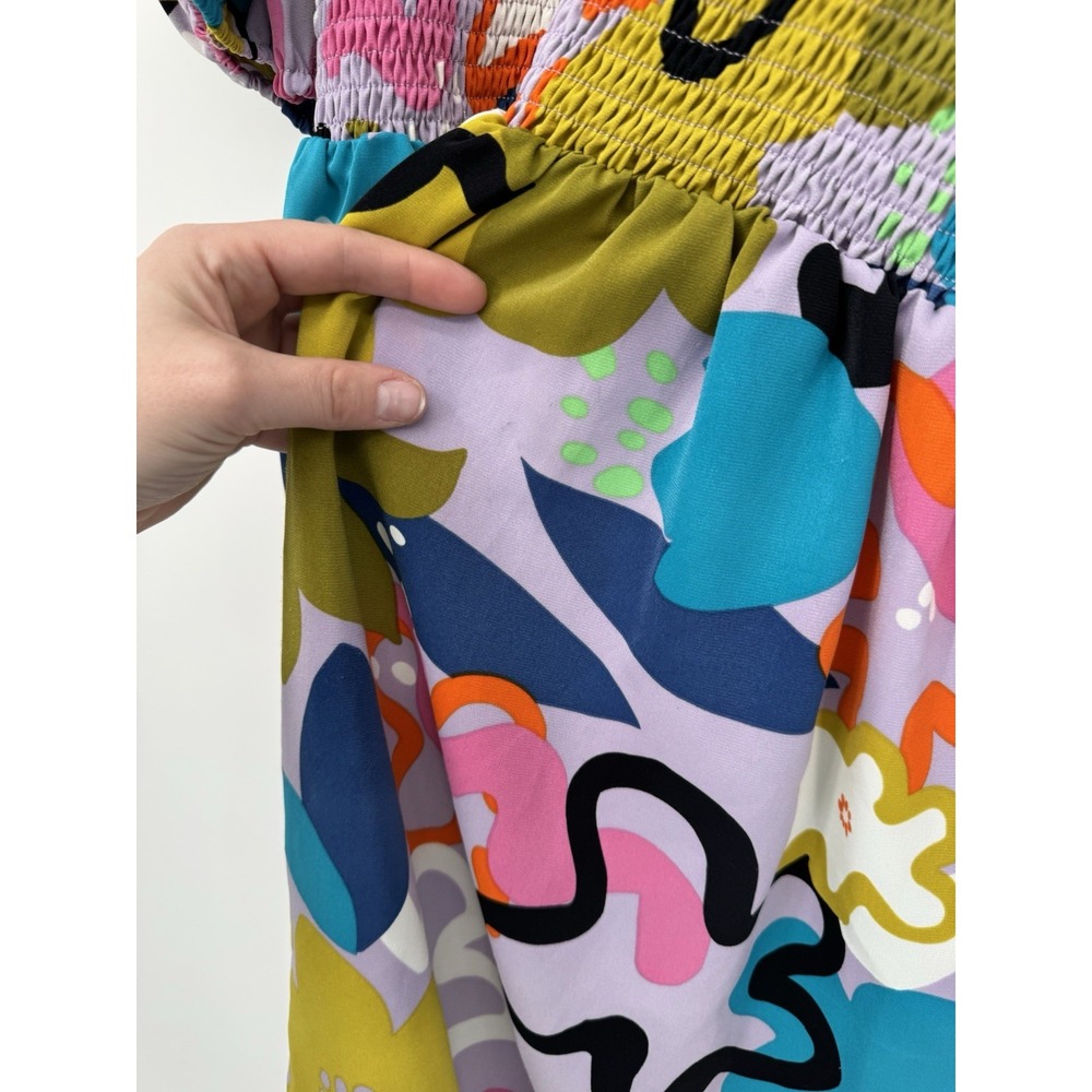 Retro Mod Floral Mini Dress Smocked Bodice Puff Sleeve Colorful Groovy 70s - Picture 11 of 13